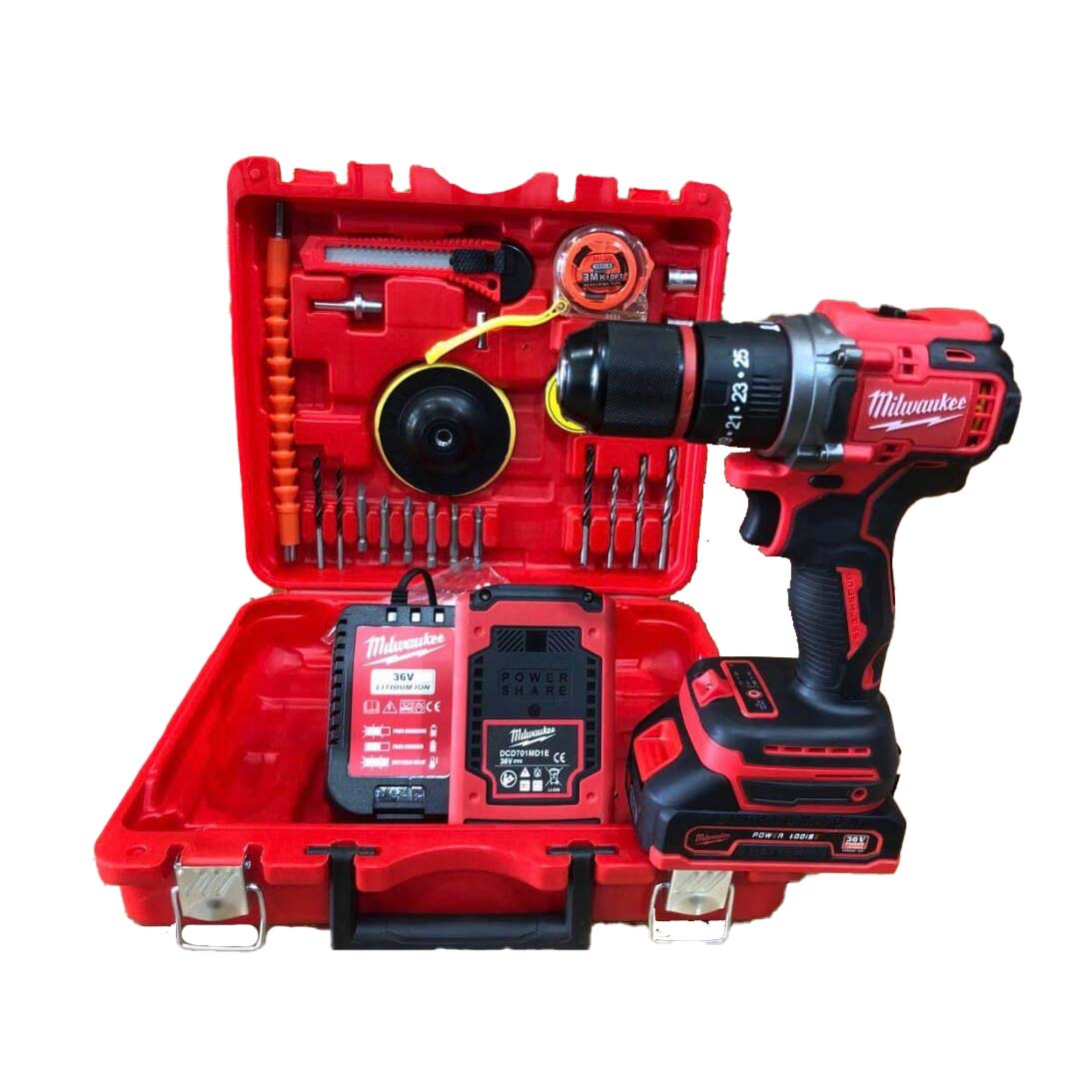 دریل شارژی میلواکی 36 ولت موتور براشلس سه نظام فلزی پولیش مدل Milwaukee Polished Dril 36V