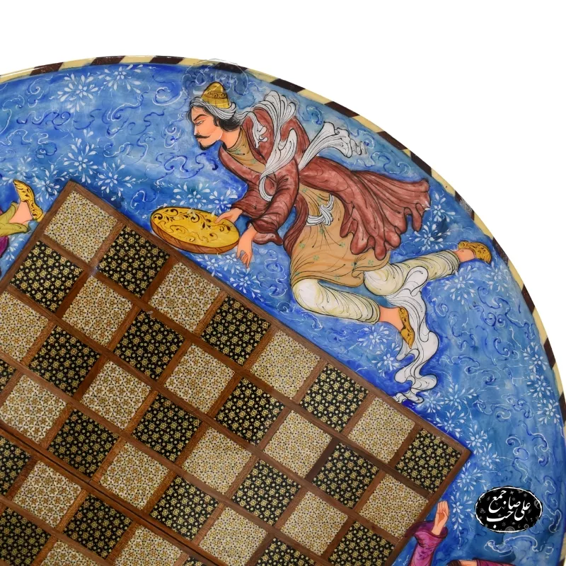 تخته نردشطرنج گرد خاتم طرح نقاشی لیلی و مجنون کد 115 — تصویر ۴