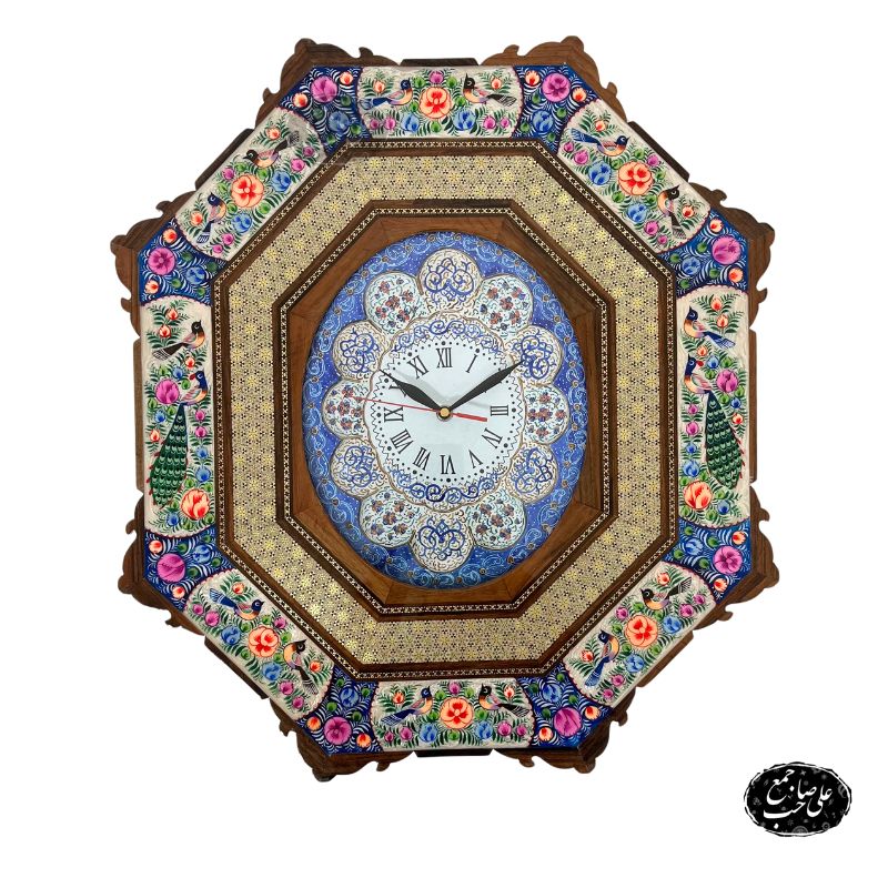ساعت دیواری خاتم و مینا بیضی با نقاشی گل و مرغ — تصویر ۲
