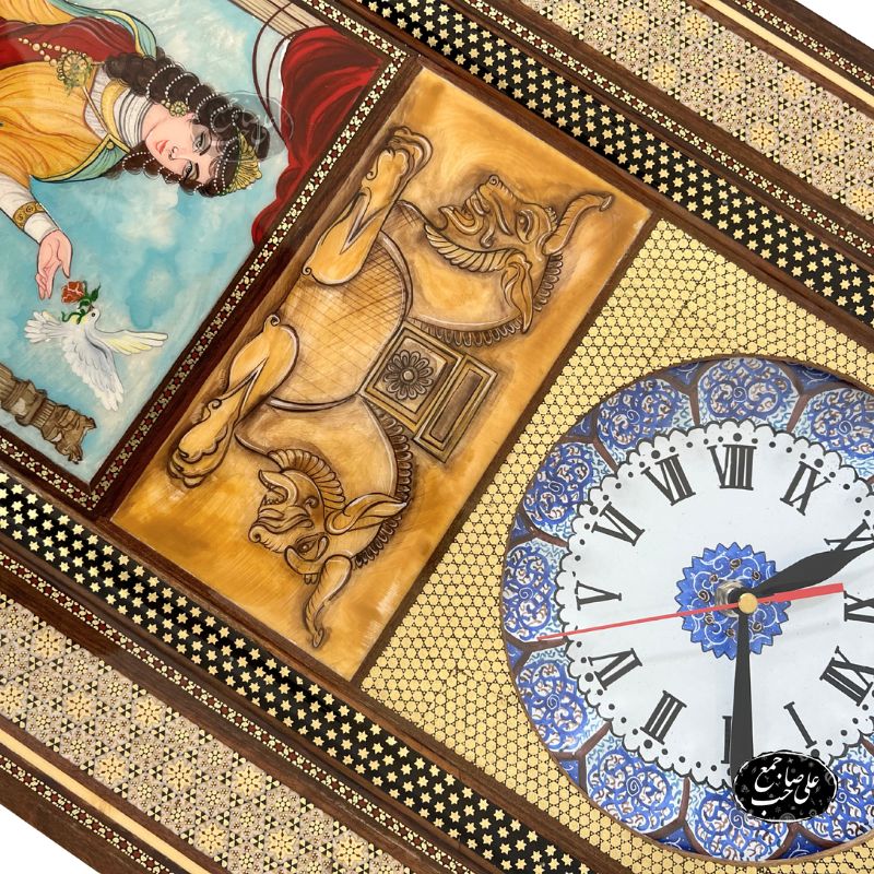 تابلو ساعت دیواری خاتمکاری با نقاشی ماندانا — تصویر ۴
