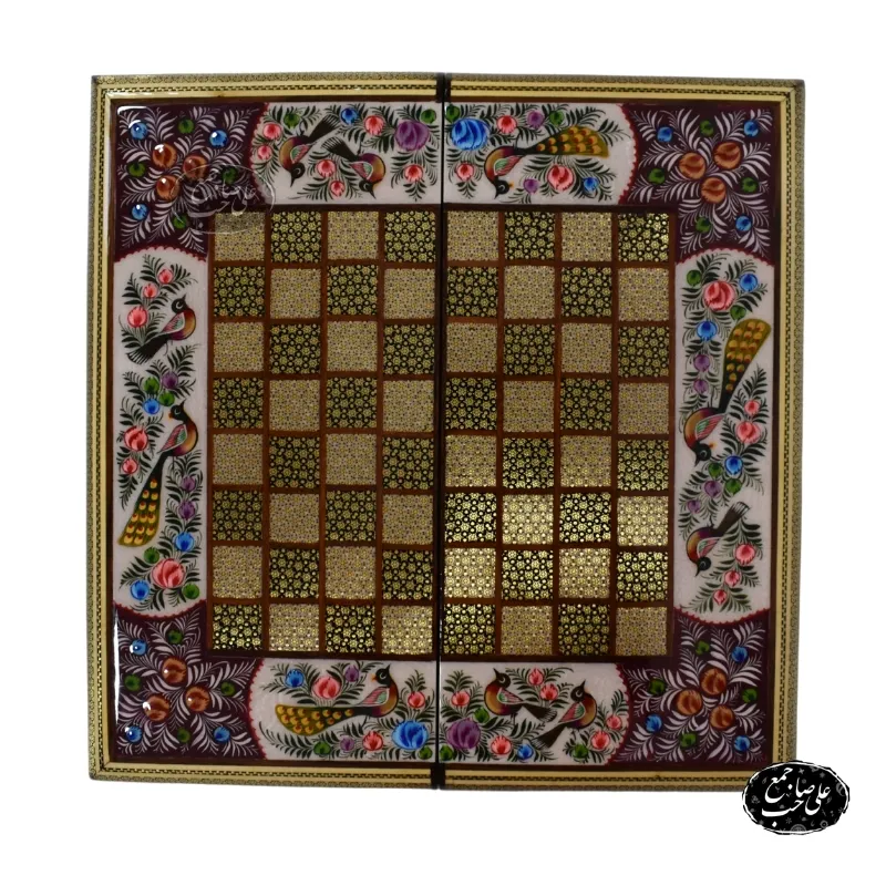 تخته نرد وشطرنج لبگرد طرح گل و مرغ کرمانی اعلاء — تصویر ۳