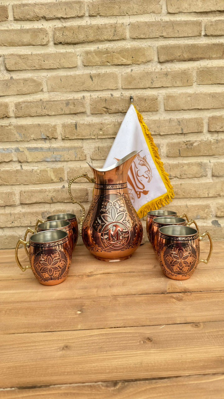 پارچ و لیوان مسی الماس تراش — تصویر ۲