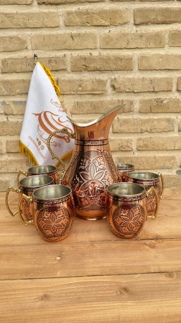 پارچ و لیوان مسی الماس تراش — تصویر ۳