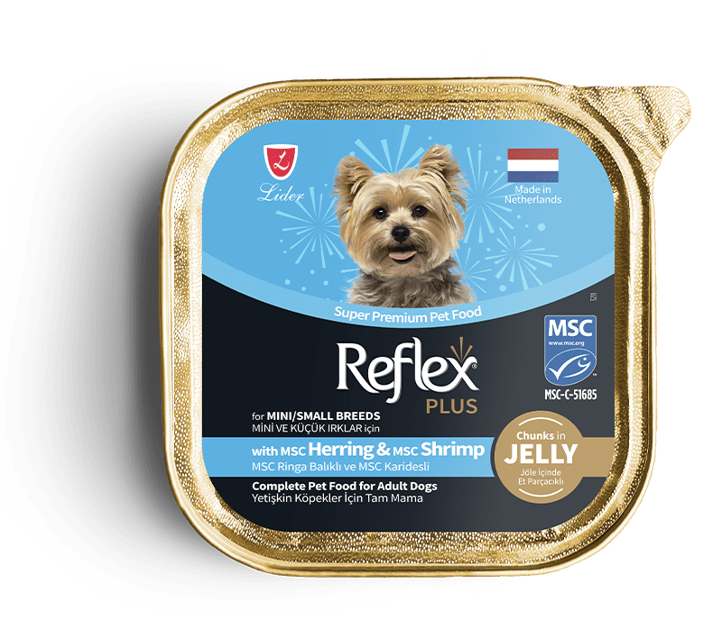 ووم سگ بالغ رفلکس پلاس با طعم ماهی هیرینگ و میگو (تکه ای در ژل) Reflex plus with Herring & Shrimp / Mini/Small Breeds