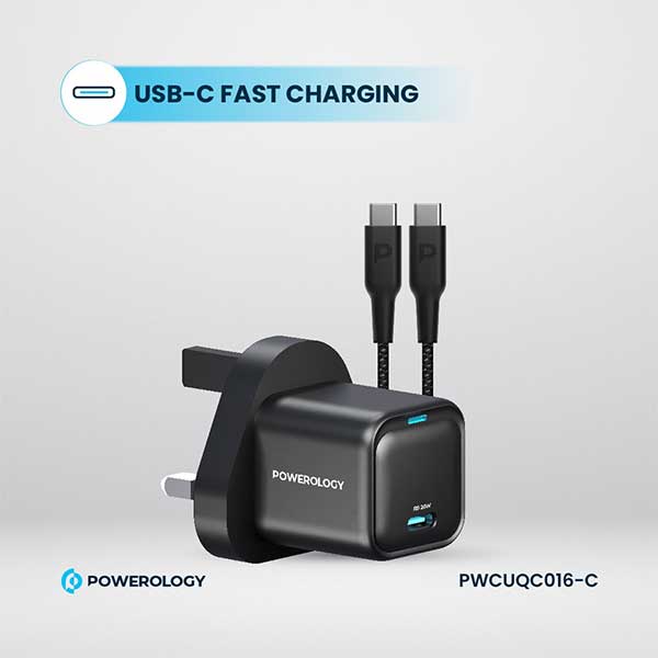 آداپتور شارژ 20 وات با کابل دو سر تایپ سی پاورولوژی Powerology Ultra-Compact GaN Charger PWCUQC016-C — تصویر ۷