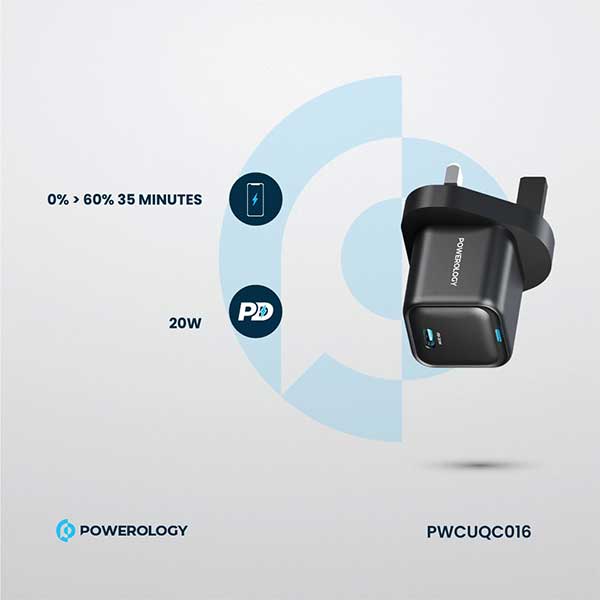 آداپتور شارژ 20 وات با کابل دو سر تایپ سی پاورولوژی Powerology Ultra-Compact GaN Charger PWCUQC016-C — تصویر ۸