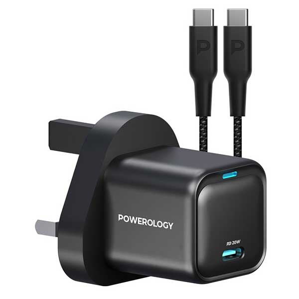 آداپتور شارژ 20 وات با کابل دو سر تایپ سی پاورولوژی Powerology Ultra-Compact GaN Charger PWCUQC016-C — تصویر ۲