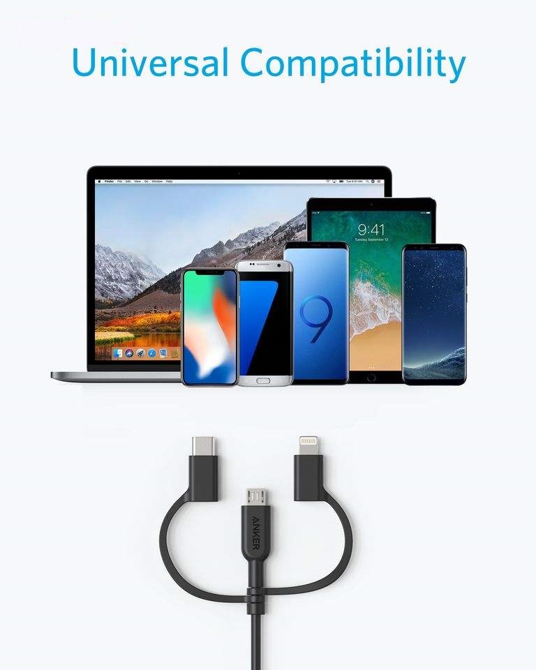 کابل تبدیل USB به لایتنینگ/USB-C/microUSB انکر مدل A8436 Power line2 طول ۰٫۹ متر — تصویر ۵