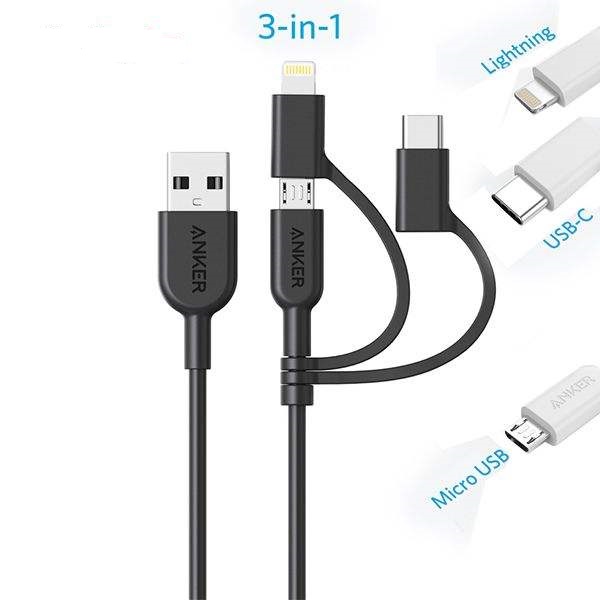 کابل تبدیل USB به لایتنینگ/USB-C/microUSB انکر مدل A8436 Power line2 طول ۰٫۹ متر