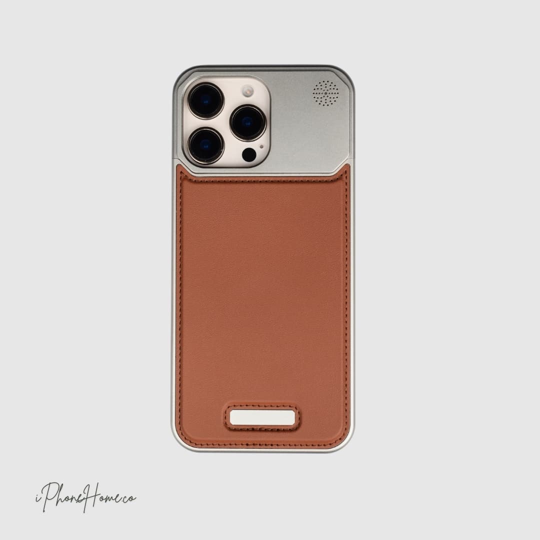 قاب چرمی فلزی Combo طوسی قهوه ای مناسب iPhone 15 Pro (6587)