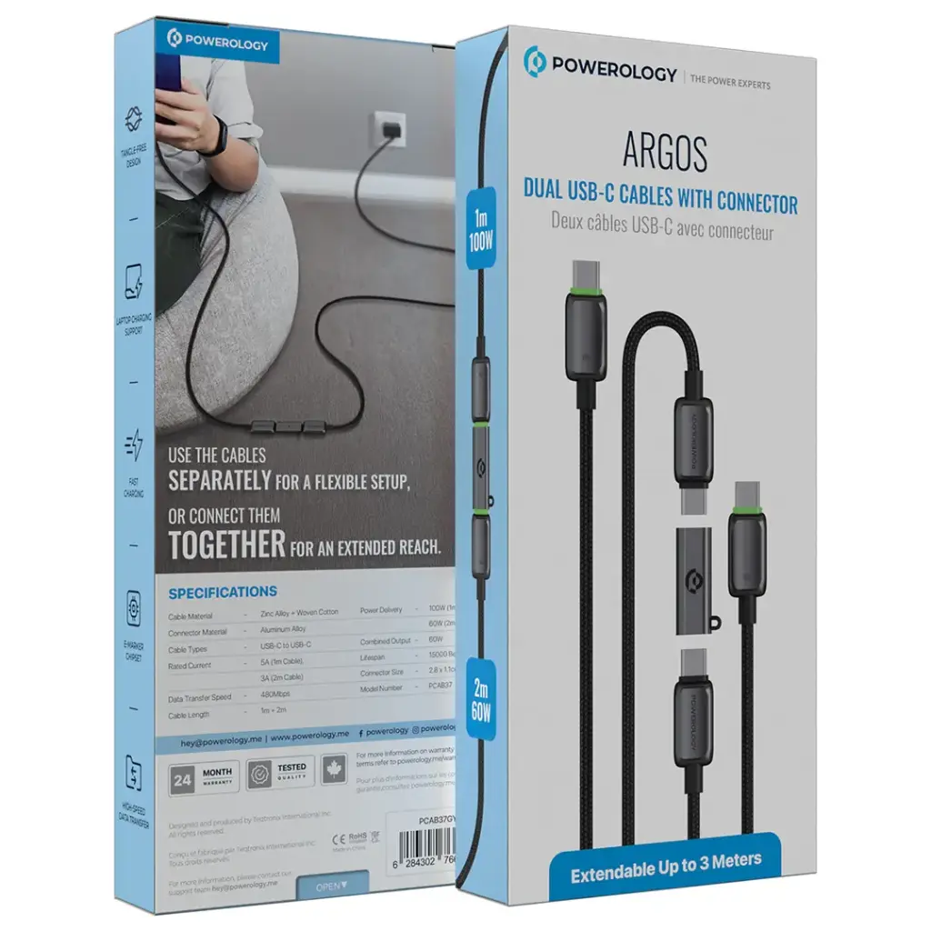 ست کابل پاورولوژی Powerology Argos Dual USB-C Cables with Connector — تصویر ۴