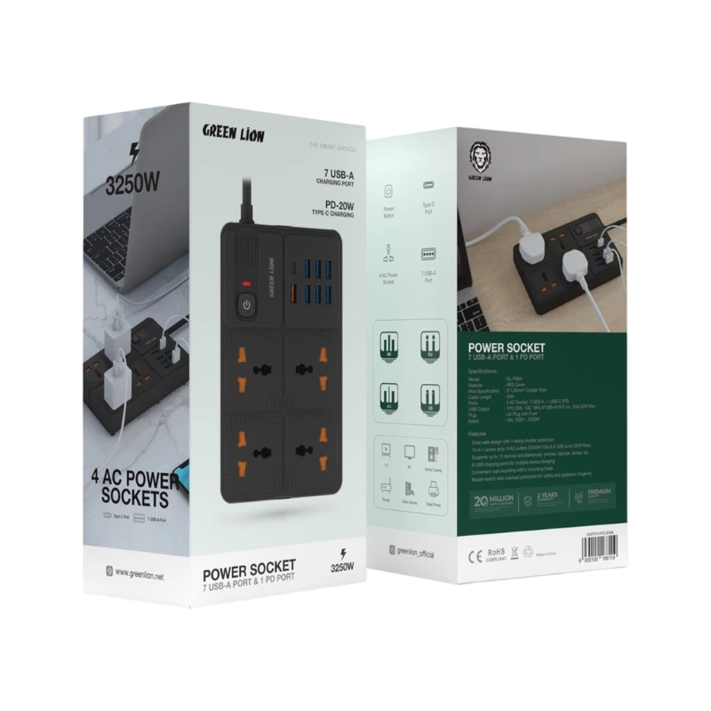 چندراهی برق 3250 وات گرین لاین Power Socket 7 USB-A Port & 1 PD Port GNPS7UPDUKBK — تصویر ۳