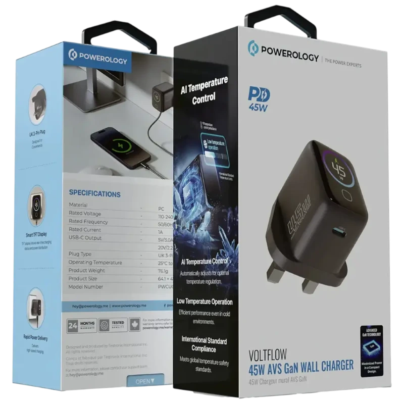 آداپتور شارژ 45 وات پاورولوژی با کابل دور سر تایپ سی Powerology VoltFLow 45W Type-C Adaptor PWCUQC069 — تصویر ۸