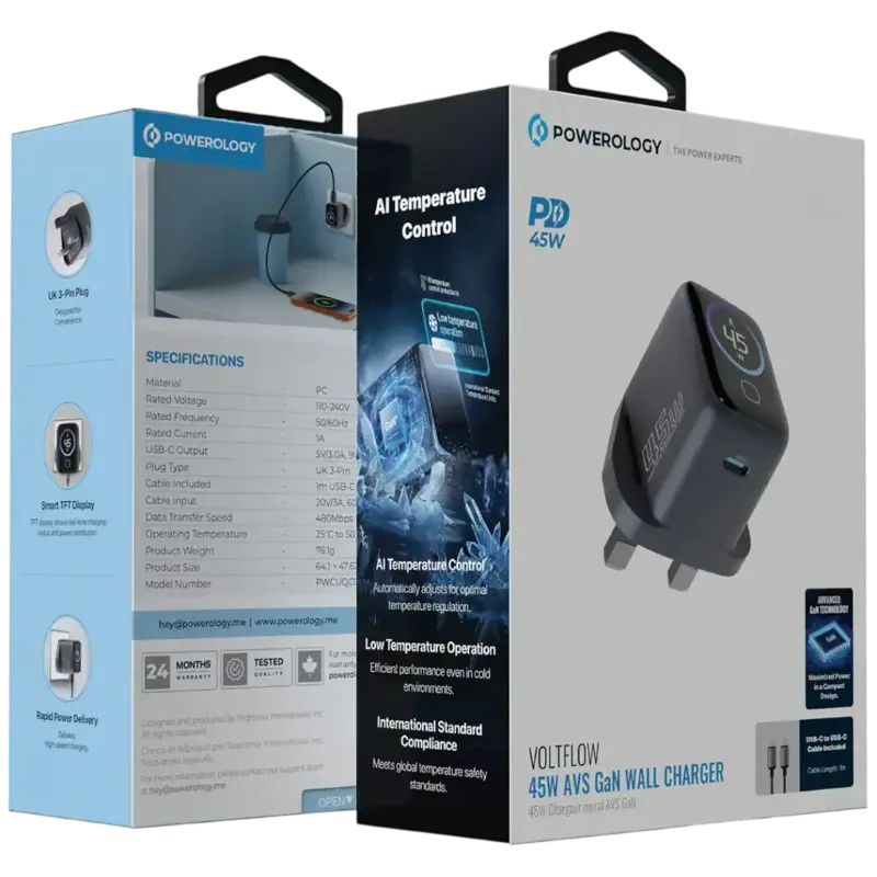 آداپتور شارژ 45 وات پاورولوژی با کابل دور سر تایپ سی Powerology VoltFLow 45W Type-C Adaptor PWCUQC069 — تصویر ۶