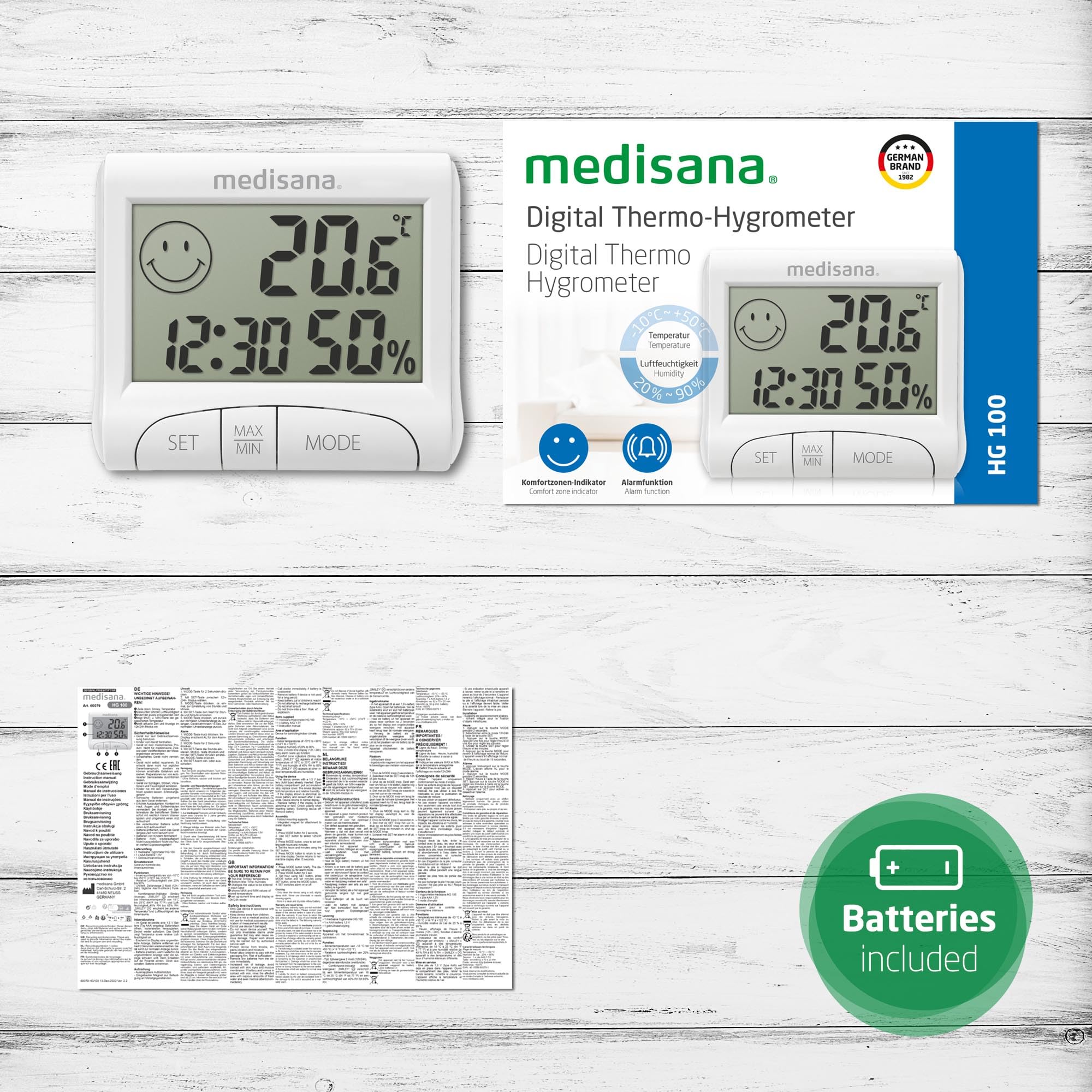 دماسنج و رطوبتسنج دیجیتال خانگی برند Medisana مدل HG 100 با نمایشگر زمان و حافظه — تصویر ۷