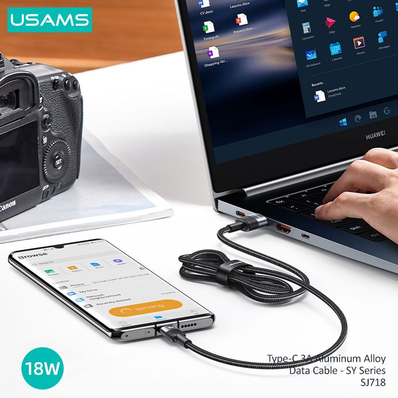 کابل تایپ سی یوسامز USAMS مدل SJ718 توان ۱۸ وات ۱.۲ متر — تصویر ۳