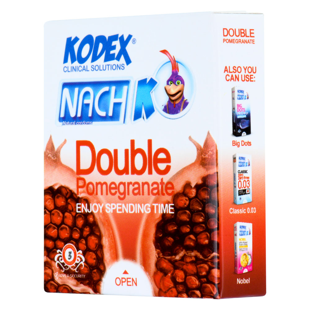 کاندوم کدکس مدل Nach Kodex Double Pomegranate | بسته 3 عددی ترکیبی از تاخیر و تحریک با رایحه انار برای تجربه‌ای طولانی و هیجان‌انگیز — تصویر ۲