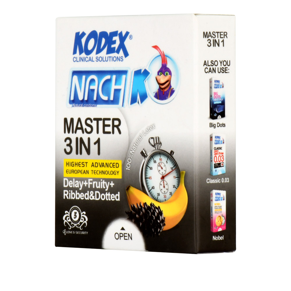 کاندوم ۳ کاره تاخیری و خاردار و میوه‌ای کدکس Kodex Master 3 In 1 | بسته 3 عددی ترکیبی از تاخیر، تحریک خارها و رایحه میوه‌ای برای تجربه هیجان‌انگیز — تصویر ۲