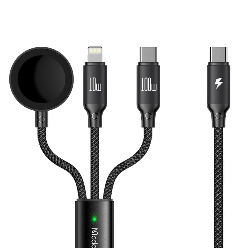 کابل شارژ چندسر 3 کاره 100 واتی اپل واچ+لایتنینگ+تایپ سی مک دودو مدل MCDODO CA-4940 طول 1.2متر