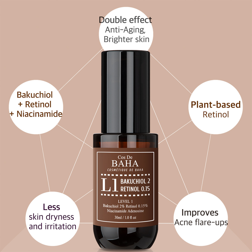 سرم ضد چروک باکوچیول و رتینول کاز دی باها Cos De BAHA L1 Bakuchiol & Retinol Serum 30ml — تصویر ۳