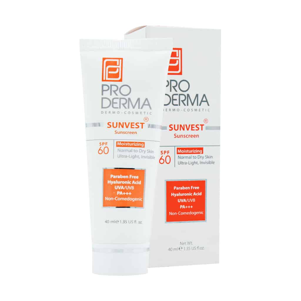کرم ضد آفتاب رنگی با SPF60 پرودرما مناسب پوست نرمال تا خشک فاقد رنگ 40ml