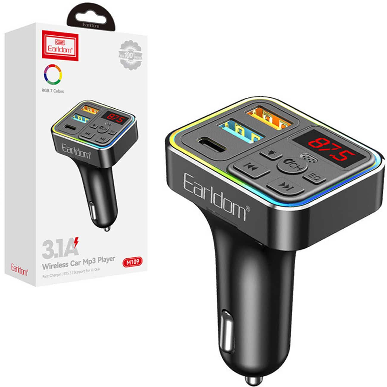 شارژر فندکی فست شارژ ماشین تایپسی و USB با افامپلیر بلوتوثی ارلدام M109