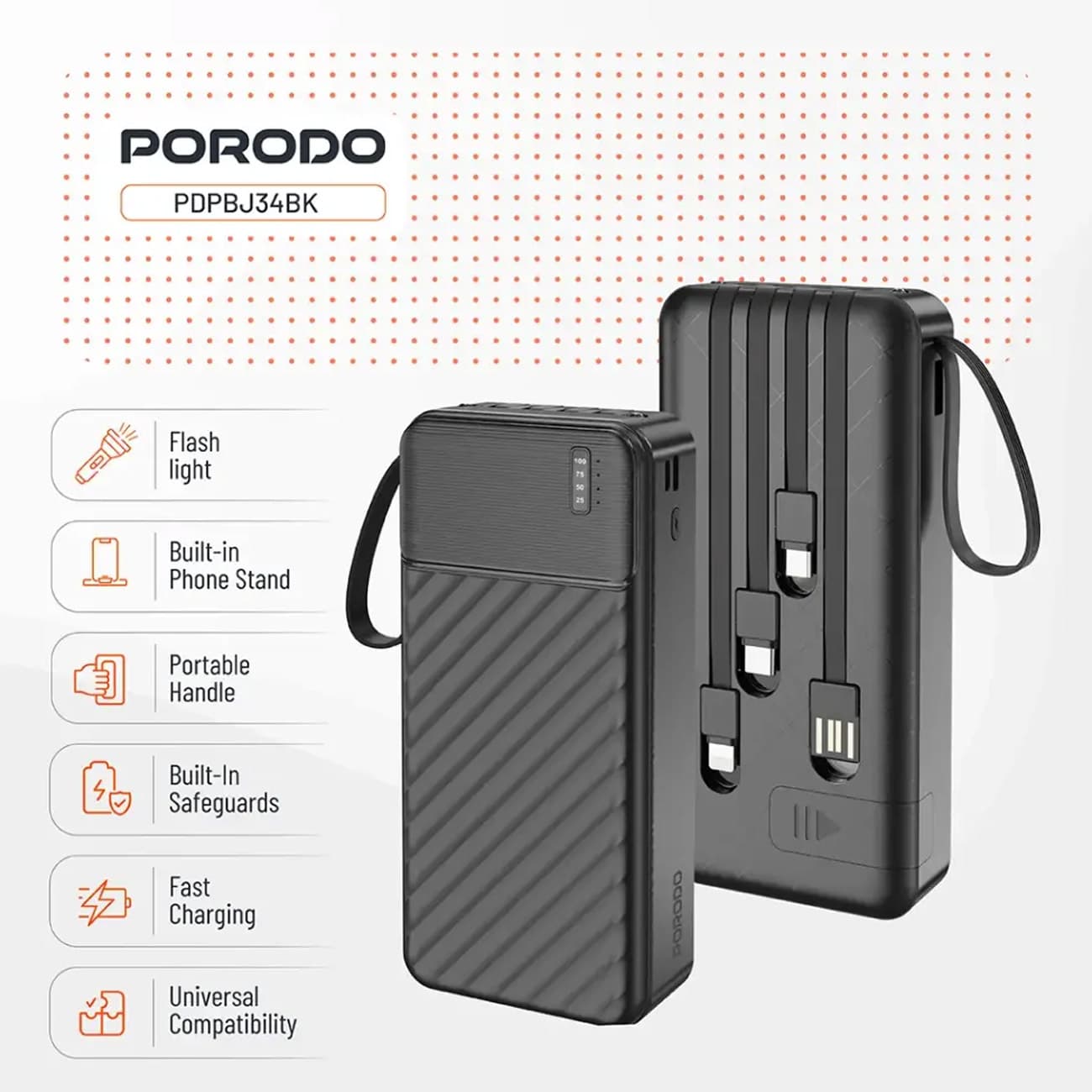 پاور بانک 20000 پورودو Porodo مدل PDPBJ34BK با کابل های داخلی — تصویر ۵