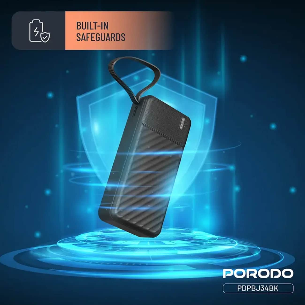 پاور بانک 20000 پورودو Porodo مدل PDPBJ34BK با کابل های داخلی — تصویر ۴
