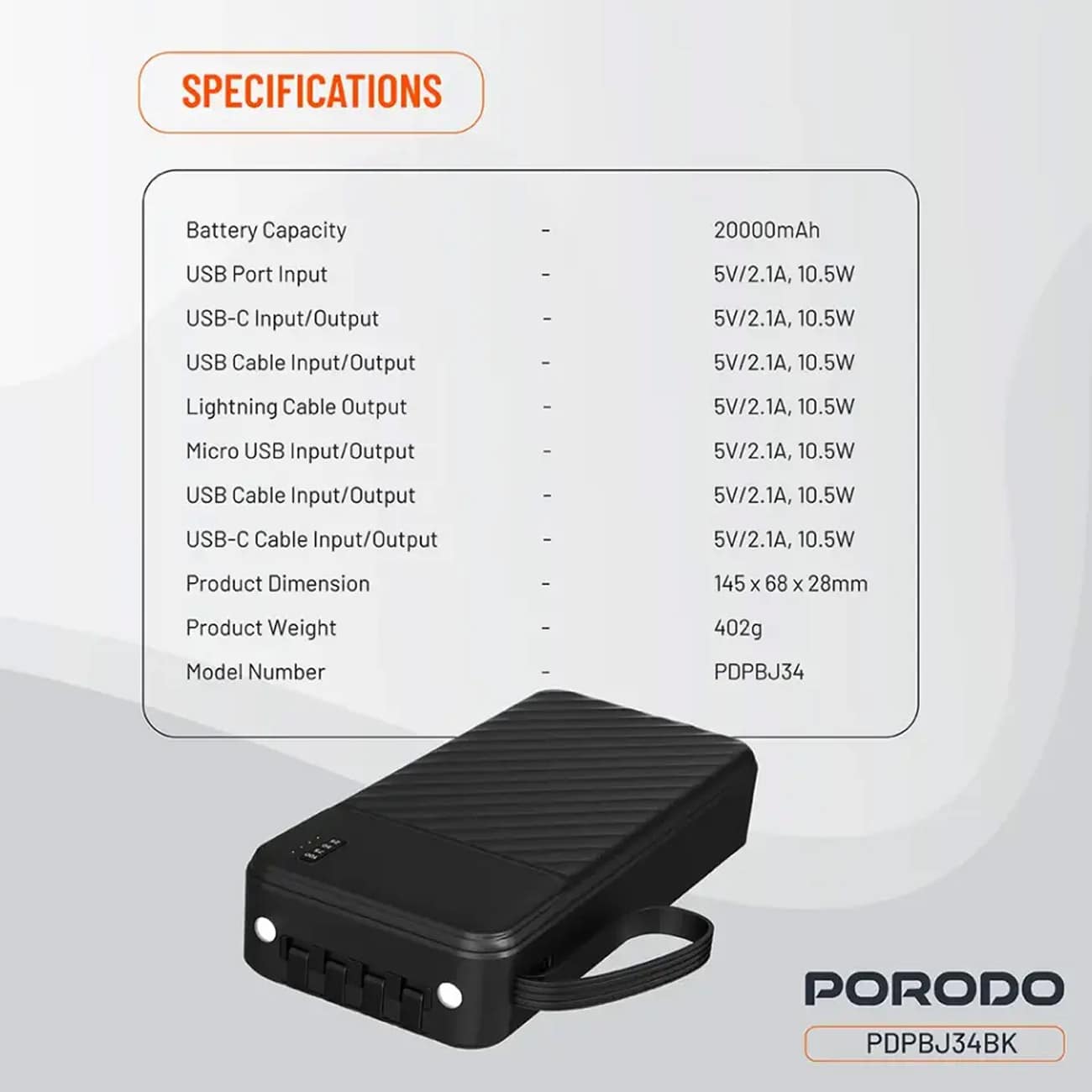 پاور بانک 20000 پورودو Porodo مدل PDPBJ34BK با کابل های داخلی — تصویر ۶