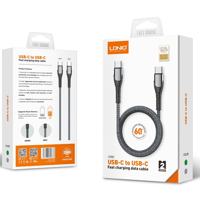 کابل USB-C الدینیو مدل LC102 طول 2 متر — تصویر ۳