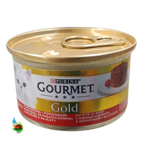 کنسرو گربه گورمت گلد با طعم گوشت و گوجه مدل کیکی Gourmet Gold وزن ۸۵ گرم