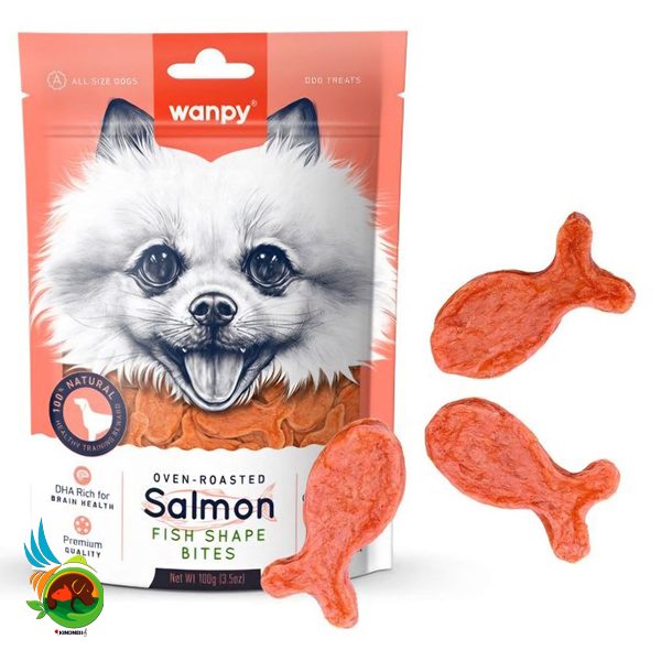 تشویقی سگ ونپی با طعم سالمون و تکه های ماهی شکل Wanpy Salmon &amp; Fish Shape Bites وزن 100 گرم