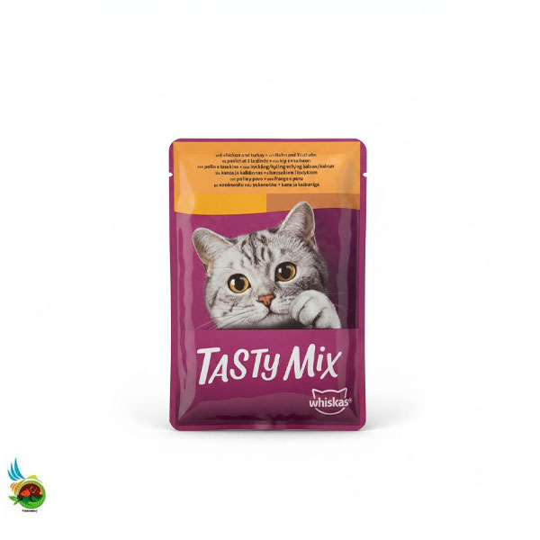 پوچ گربه ویسکاس مدل تیستی میکس طعم مرغ و بوقلمون Whiskas Tasty Mix With Chicken and turkey وزن 85 گرم