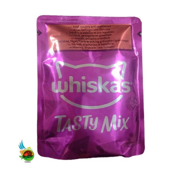 پوچ گربه ویسکاس مدل تیستی میکس طعم گوساله و گوشت پرندگان و سبزیجات Whiskas Tasty Mix With Beef Poultry وزن 85 گرم