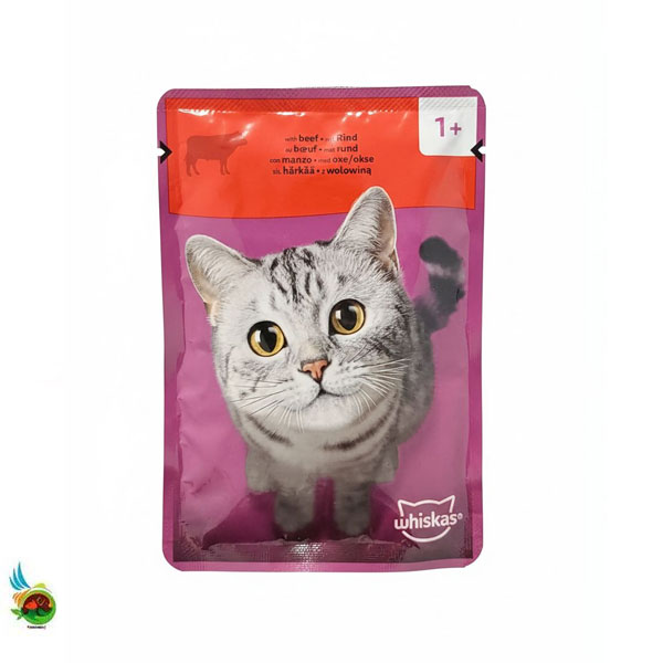 پوچ گربه ویسکاس +1 طعم گوشت Whiskas with beef mit rind وزن 85 گرم