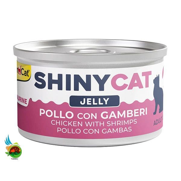 کنسرو گربه جیم کت با طعم مرغ و میگو در ژله Gim cat Shiny cat food with pollo con gamberi in jelly وزن 70 گرم
