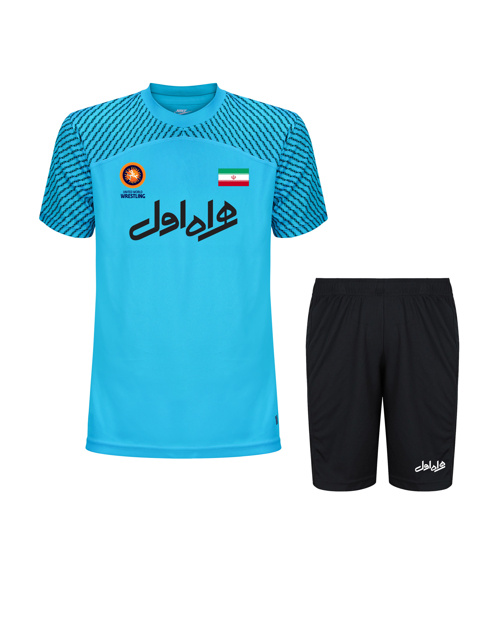 ست تیشرت و شورت کشتی رسمی رنگ آبی فیروزه ای | طرح اتحادیه جهانی کشتی (UWW) و همراه اول