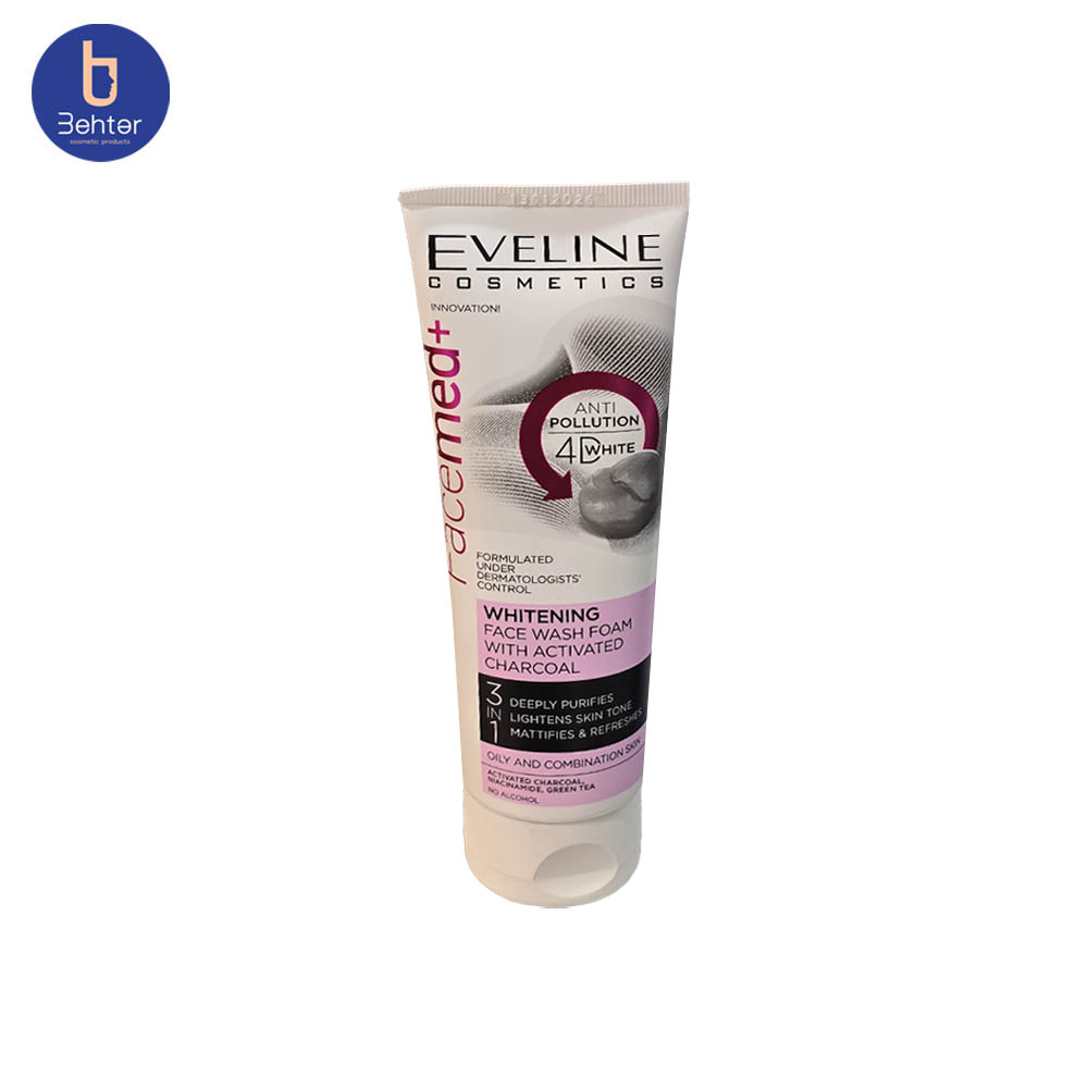 فوم شستشوی سفیدکننده حاوی زغال فعال اولاین حجم 100میل Eveline Whitening washing foam containing activated charcoal,100 ml