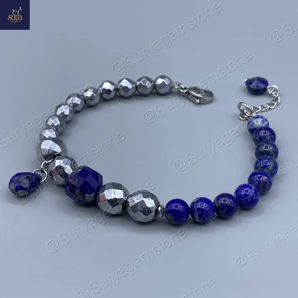 دستبند سنگی زنانه ، سنگ لاجورد اصل و معدنی و حدید Lapis Sky