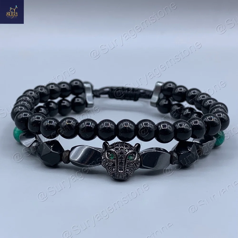 دستبند مردانه سنگی چشم ببر اصل و معدنی و سنگ اونیکس و حديد Black Panther