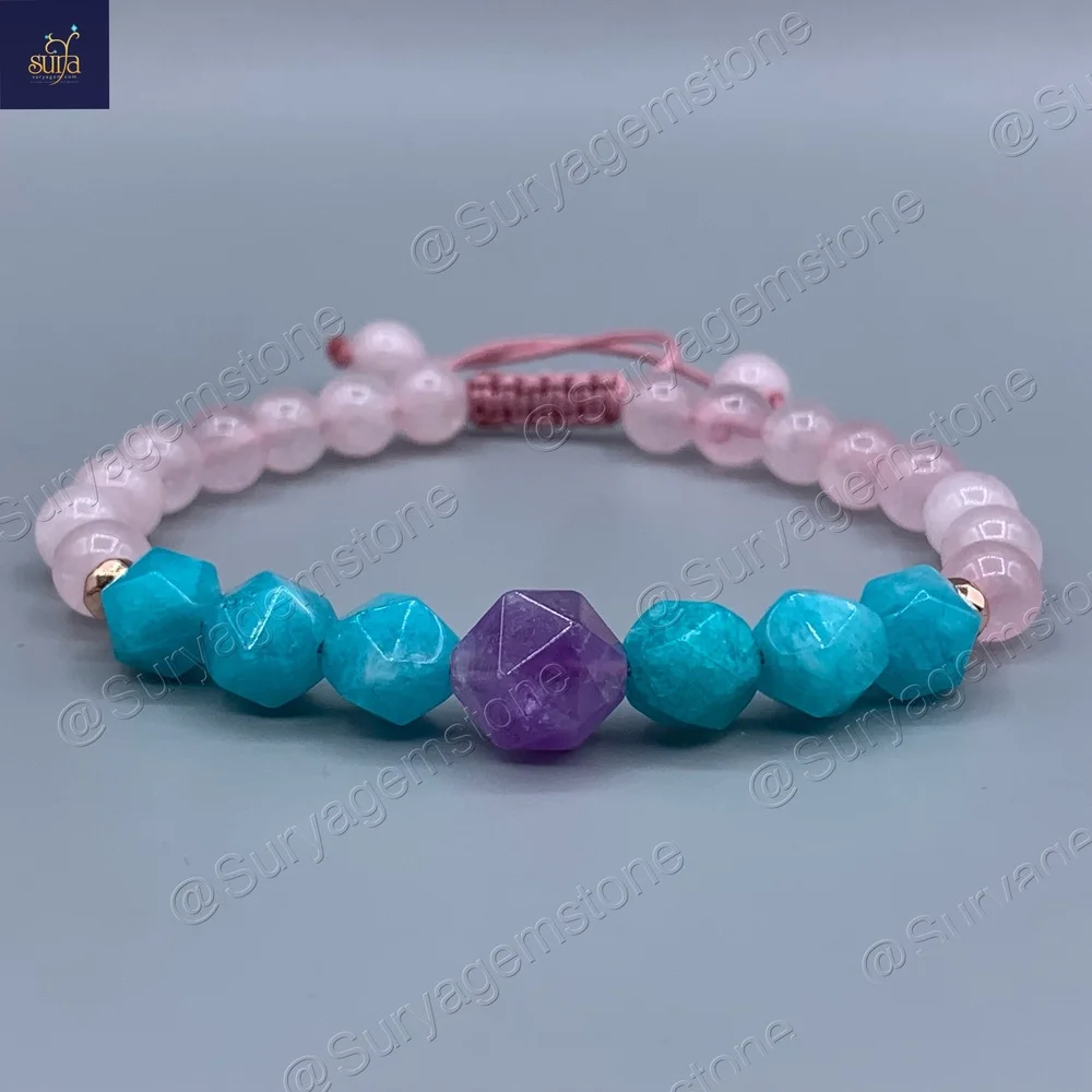 دستبند سنگی زنانه ، سنگ رز کوارتز طبیعی و اصل ، جید و آمیتیست Blossom