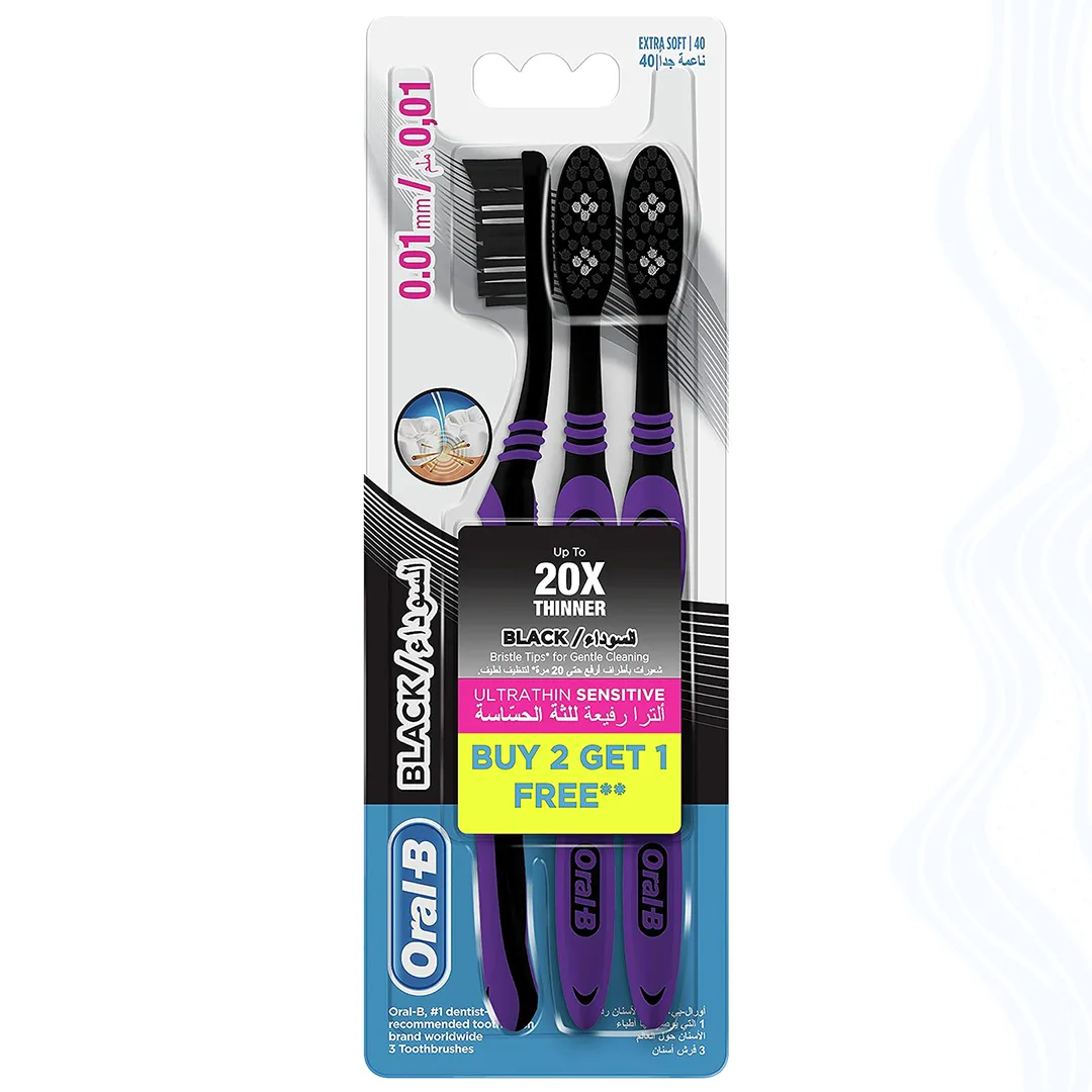 مسواک اورال بی Oral-B سری Ultra thin Sensitive Black با برس بسیار نرم بسته ۲+۱ عددی - پاکینو