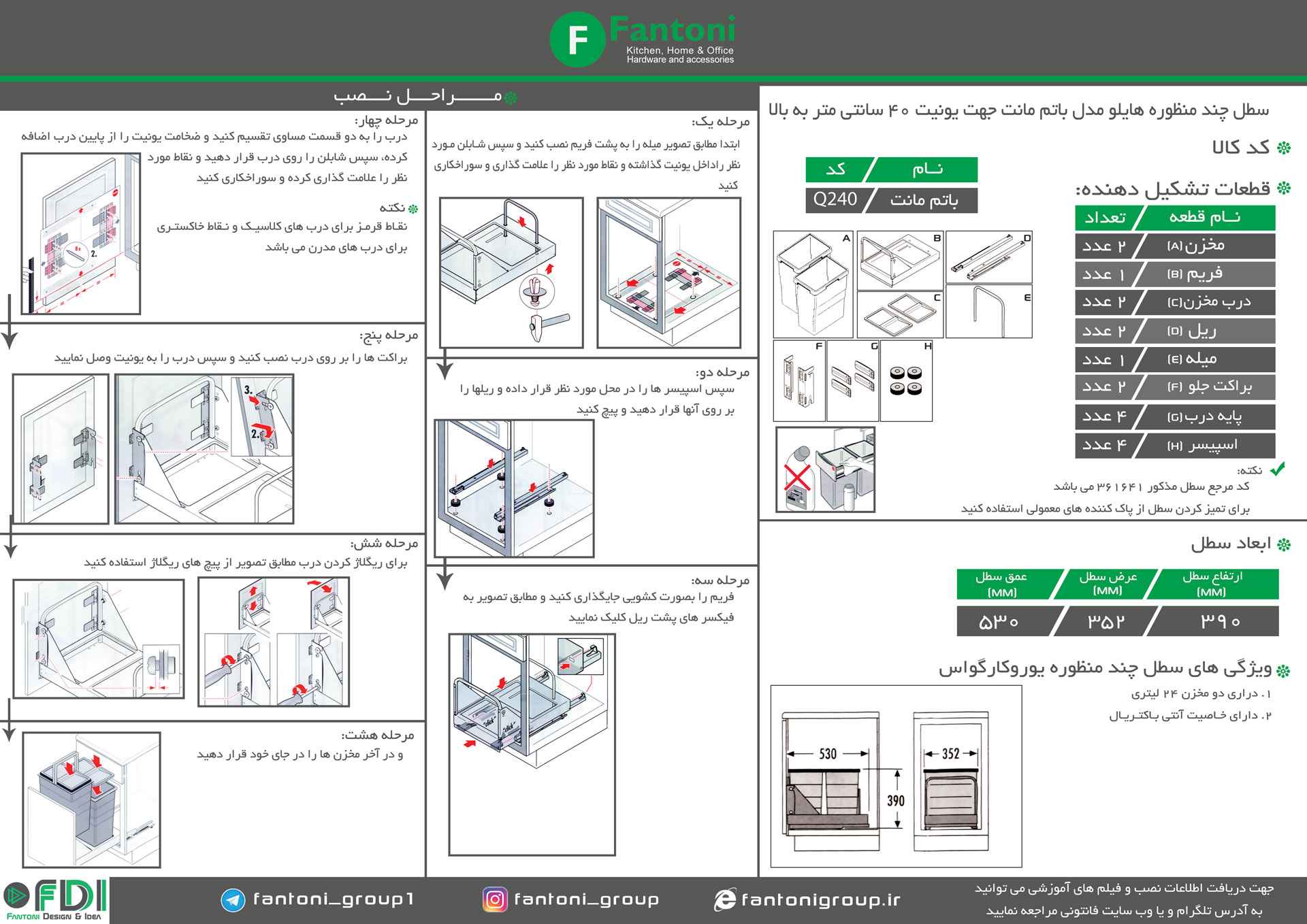 سطل زباله یونیت 40 مدل باتم مانت کد Q240 هایلو