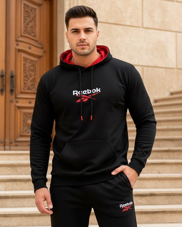 ست هودی شلوار کلاه دار مشکی قرمز Reebok مدل 1946