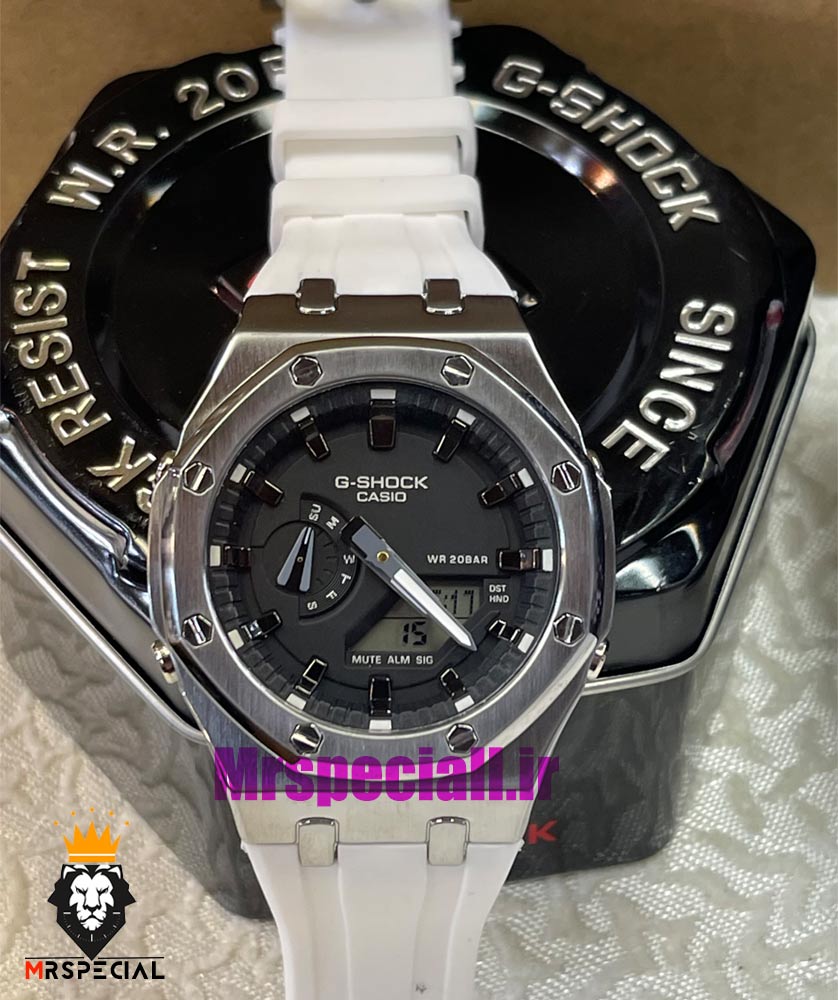 ساعت کاسیو جیشاک مدل اودمارپیگه بند رابر سفید صفحه مشکی Casio g-shock gm-2100 royal oak 021461