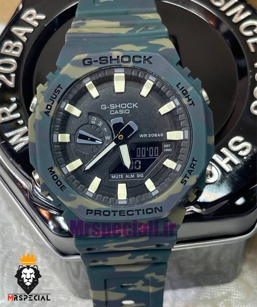 ساعت کاسیو جیشاک بند رابر سبز ارتشی صفحه مشکی Casio g-shock gm-2100 021457