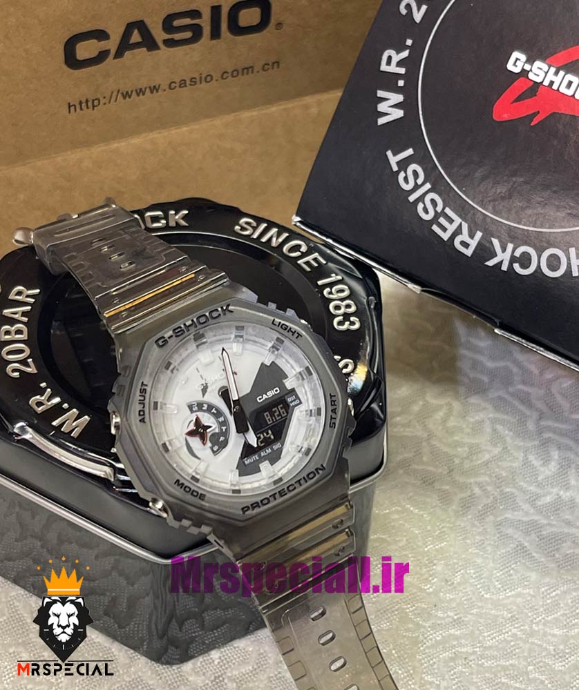 ساعت کاسیو جیشاک بند رابر شیشه ای صفحه سفید Casio g-shock gm-2100 021454 — تصویر ۳
