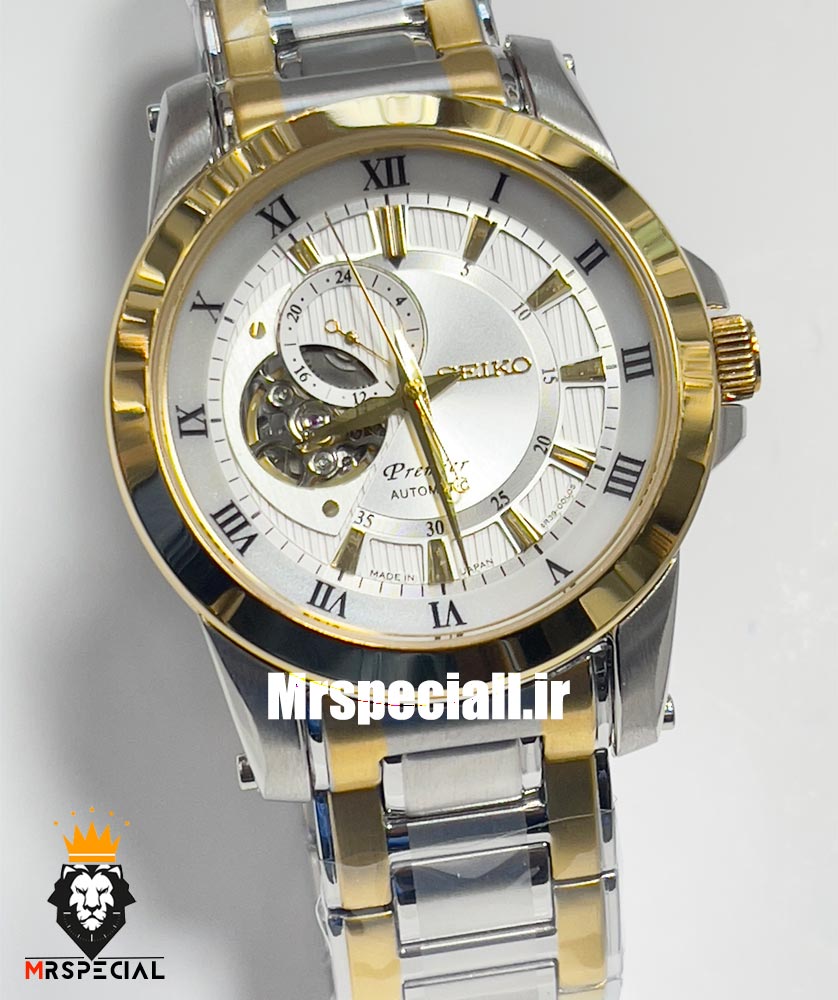 ساعت سیکو مردانه اتوماتیک استیل دورنگ طلایی صفحه سفید 021314 SEIKO PREMIER — تصویر ۳