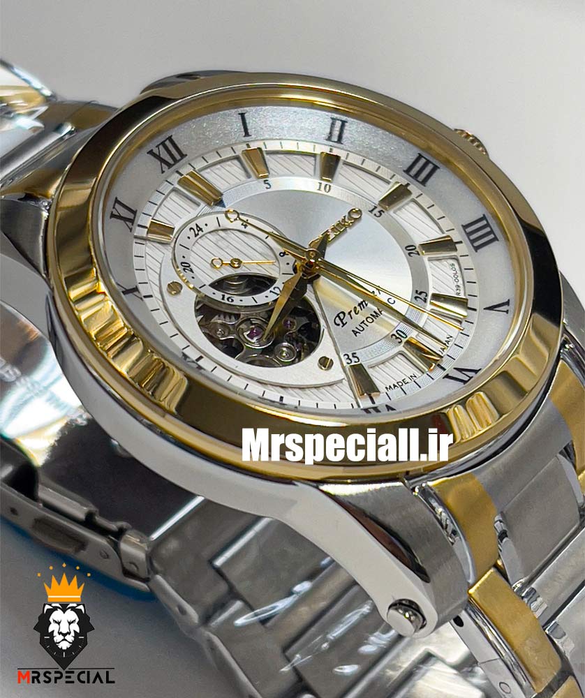 ساعت سیکو مردانه اتوماتیک استیل دورنگ طلایی صفحه سفید 021314 SEIKO PREMIER — تصویر ۵