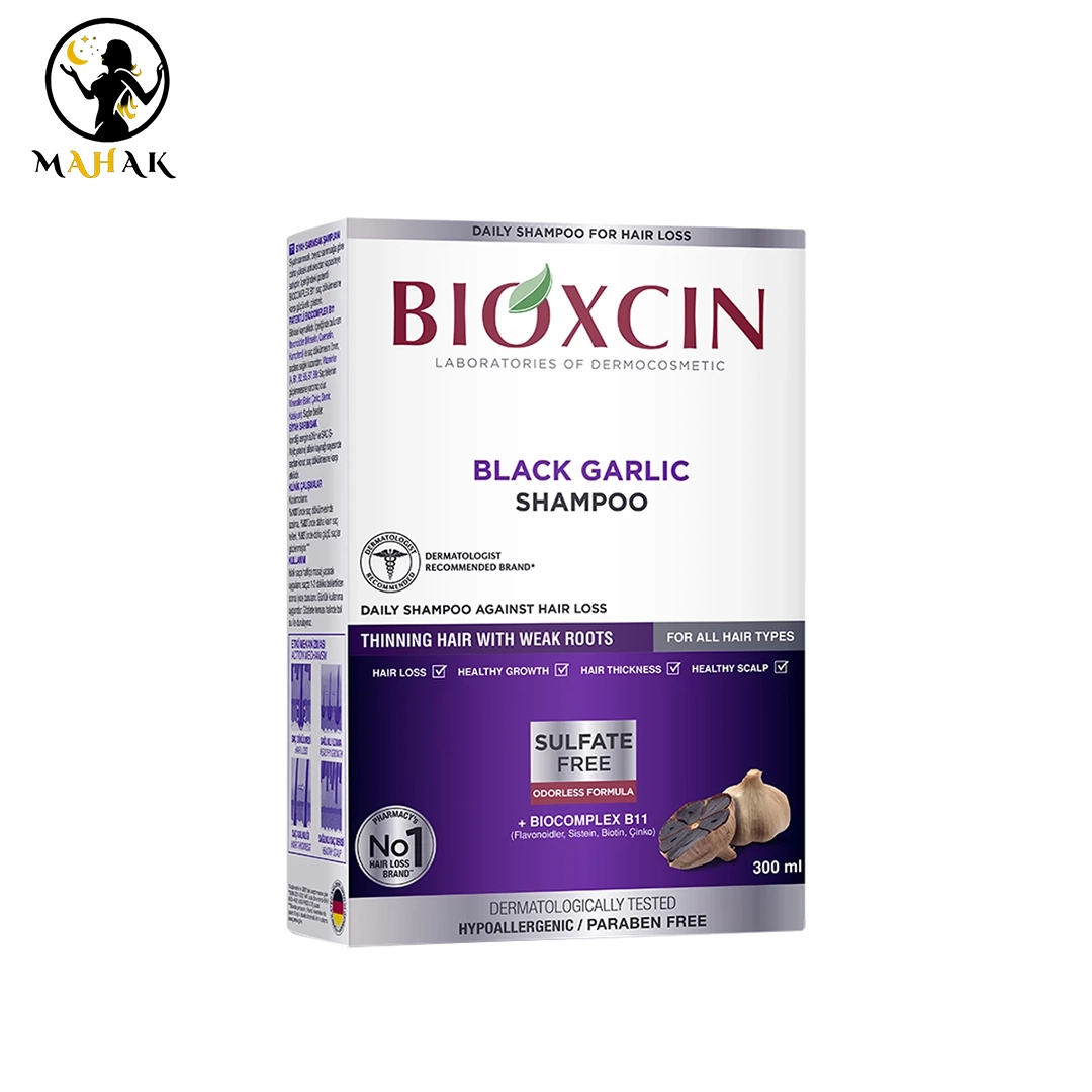 شامپو بدون سولفات تقویت کننده سیر سیاه بیوکسین BIOXCIN مدل Black garlic اصل — تصویر ۳
